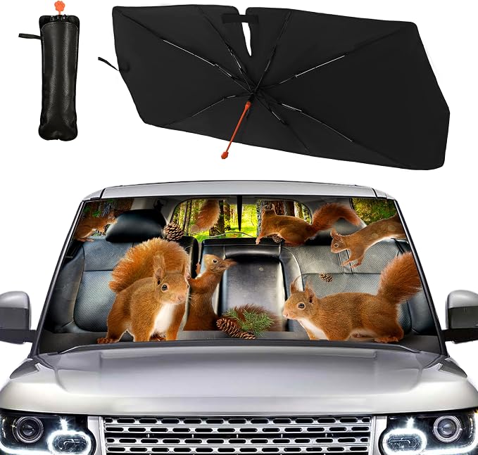 Squirrel Car Windshield Sunshade Umbrella Cute Sun Shade Umbrella for Car Foldable Windshield Umbrella Block UV Rays Heat Keep Vehicle Cool for Cars SUV 57"x30" - Image 2