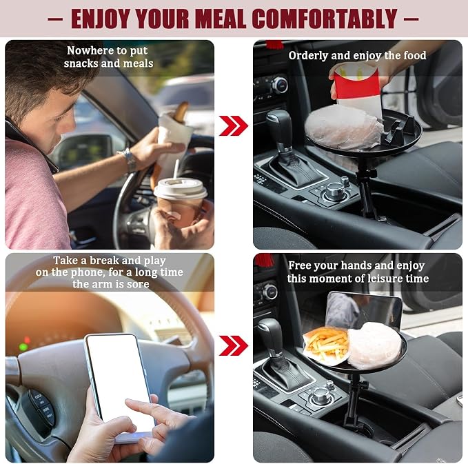 Frienda Car Cup Holder Tray, Eating Table with Phone Slot, 360 Swivel | Universal Fit Vehicle Boats Golf Carts, Adjustable Height Angle, Lap Dining Surface Adults Drivers, Durable Black Finish - Image 5