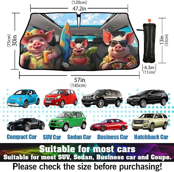 Socira Funny Pig Car Windshield Sunshade Umbrella Foldable Umbrella | Sun Shade Windshield Cover Cute Pig Sunshade Car Accessories Blocks Uv Rays Keeps Cool (57" X 30") - Image 3