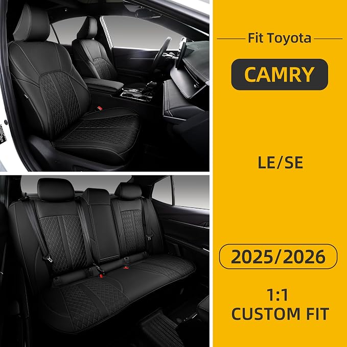 Custom Fit Camry Seat Covers for 2025 2026 Toyota Camry LE SE - Black | Waterproof Faux Leather Full Coverage, Car Seat Protectors Full Set with Armrest Covers, Airbag Compatible - Image 8