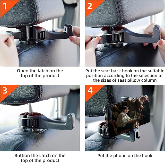 Amooca Car Seat Hooks for Purses and Bags with Phone Holder, Universal Car Headrest Storage Organizer Hanger Hook with Lock, 360° Rotation Headrest Hooks, 2 in 1 Car Headrest Hooks, 2 Pack, Red - Image 7