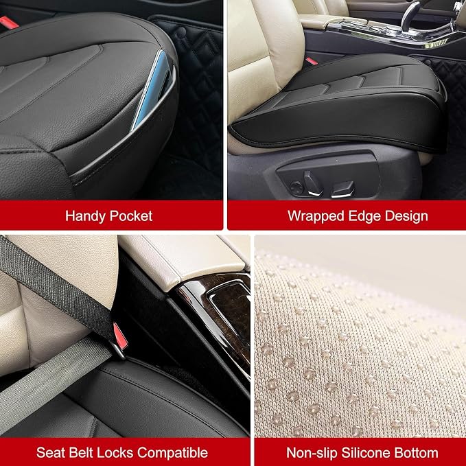 BOPUOVRE Car Seat Cover for Luxury & Comfort PU Leather | Anti Slip Full Wrap Protection Storage Pocket Bottom Cushion Universal Fit 95% Vehicles Black 2 Piece - Image 7