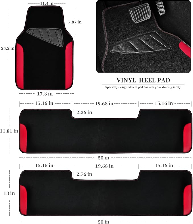 CAR PASS Waterproof Universal Faux Leather 3Row Car Floor Mats, Red Car Mats Fit for SUV,Vans,sedans, Trucks,Set of Vehicles Car Carpet with Driver Heel Pad and Anti-Slip Nibs Backing (Red 3Row) - Image 2