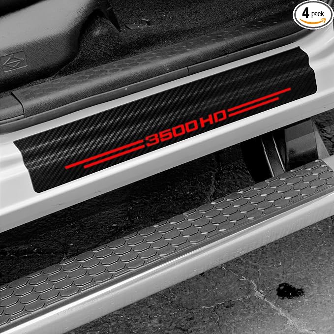 4 Pcs Carbon Fiber Car Door Sill Scuff Plate Auto Door Entry Guard Scratch Shield for GMC Sierra 3500HD Chevrolet Silverado 3500 HDAuto Accessories (Red, 3500HD) by Hong+HT