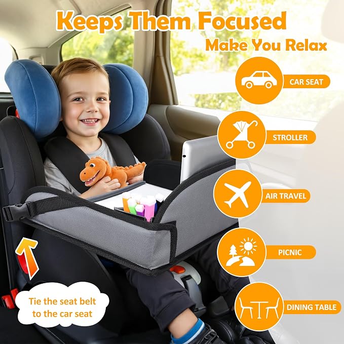 Toddler Car Seat Travel Tray FOR Road/Airplane Trip Activities, Grey | Travel Tray With 16.7" x 13.4" Smooth Dry Erase Board, Cup holders, Ddjustable Strap & Shoulder Carry Strap - Image 6