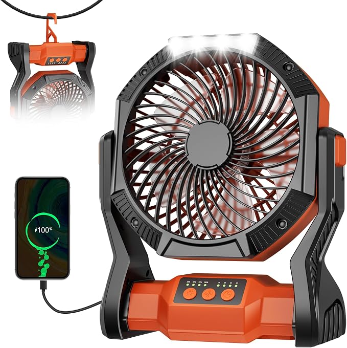 Portable Rechargeable Fan, 20000mAh Battery Powered Camping Fan with LED Light & Hook, 270° Adjustable, 4-Speed, 4H Timer Camping Essentials for Outdoor Tent Travel BBQ Car_Orange - Image 9