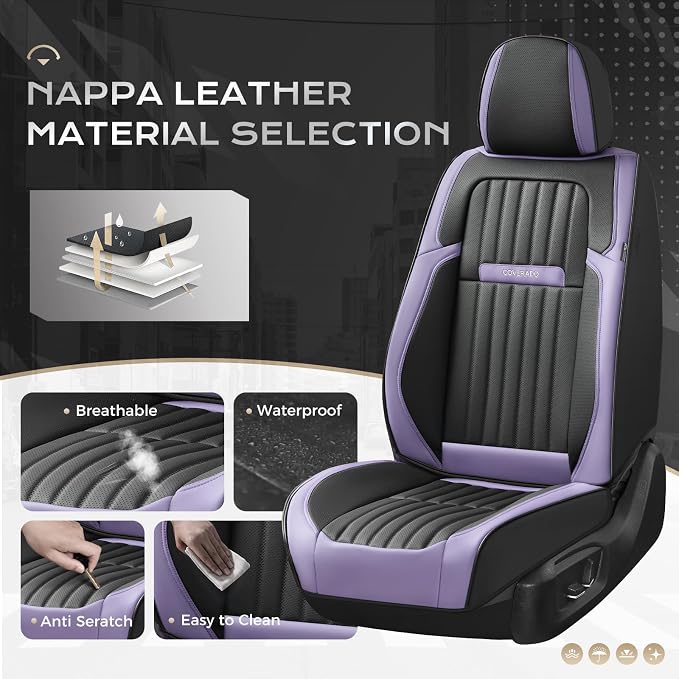 Coverado Car Seat Covers Front Seats, Seat Covers for Cars, Car Seat Protector, 2-Pack Car Seat Cushion Nappa Leather, Waterproof Seat Covers Carseat Cover Universal Fit for Most Cars(Purple&Black) - Image 2