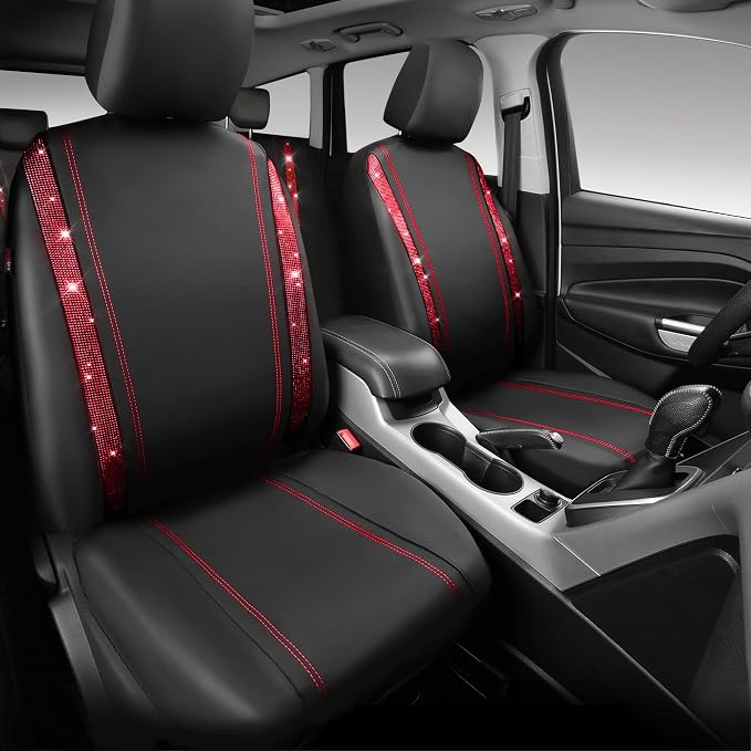 CAR Pass Bling Car Seat Covers Full Set, Shining Rhinestone Diamond Waterproof Faux Leather, Rear with Zipper, Universal Fit Automotive Glitter Crystal Sparkle Strips for Women Girl, Black Red - Image 2