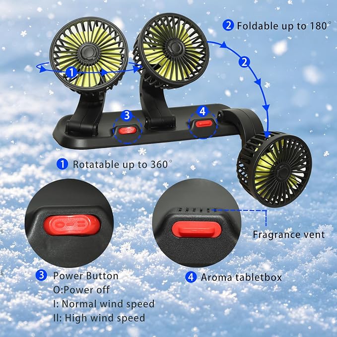 Portable 3-Head Car Cooling Fan 12V-360°Rotation,2 Speeds,Dashboard Fans for Sedan/SUV/RV/Truck/Van Vehicles,Cigarette Lighter Plug (3-Head 12V) - Image 7