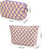 SOIDRAM 2 Pcs Checkered Makeup Bag Large Cosmetic Bag Toiletry Bag Makeup Pouch Travel Bag Organizer Cute Makeup Brushes Aesthetic Accessories Storage Bag for Women Purple - Image 3