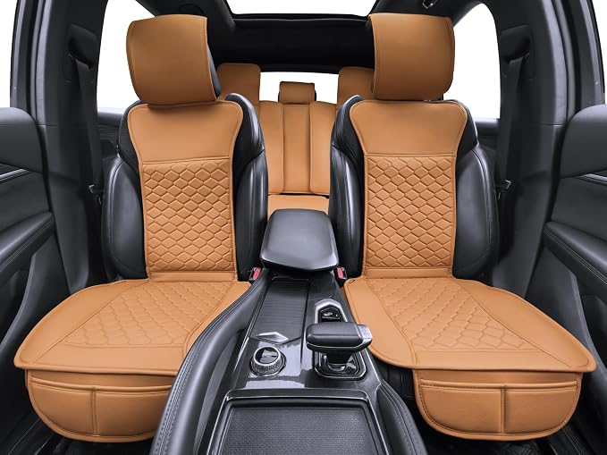 Elantrip Car Seat Cover Full Set Leather Waterproof Front Rear Cognac | 5-piece rich cognac leather set — luxury cabin makeover with full waterproof protection - Image 4