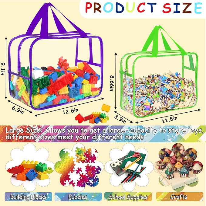 6 Colors Large Toy Storage Bags with Labels, Reusable Clear PVC Board Game Storage, Travel Waterproof Organizer Bags with Zipper for Building Blocks, Puzzle, Kids Books(3 large & 3 Widen X-Large) - Image 2