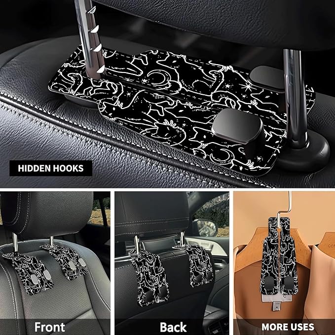 Car Seat Headrest Hook, Universal Leather Cute Hanger Holder Hook, Storage Organizer Interior Accessories for Purse Bags Handbag Black White Cats - Image 3