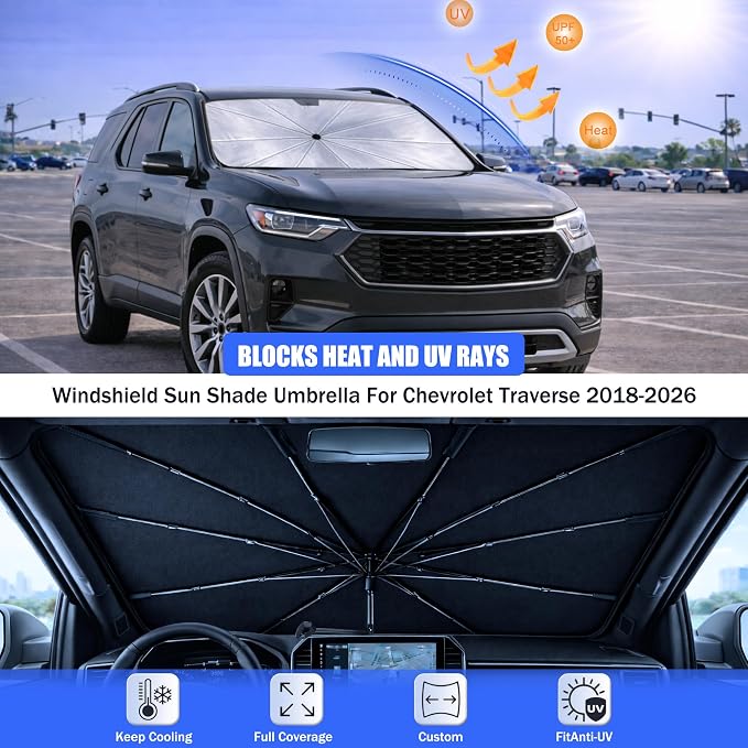 Car Windshield Sun Shade Umbrella for Chevrolet Traverse 2018-2026 | 2026 Upgraded,Custom-Fit Umbrella Sunshade,Easy Install,UV Protection & Heat Reflective,Keep Interior Cooler with Storage Bag - Image 3