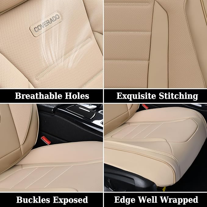 Coverado Car Seat Covers Front Seats, Car Seat Cover Beige, Car Seat Protector, Car Seat Cushion Nappa Leather, 2-Pack Waterproof Seat Covers Carseat Cover Universal Fit for Most Cars Trucks - Image 8