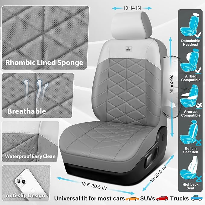 CAR PASS Memory Foam Leather Seat Covers Full Set, Breathable Perforated Nappa Leather Seat Covers Universal Fit for Most Cars,Sedans,SUV,Trucks Thick 3D Foam Comfortable, Airbag Compatible Gray White - Image 3