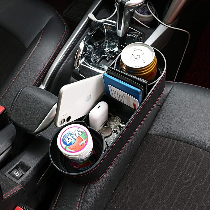 Car Console Side Seat Gap Organizer with Cup Holder, Black | Front Seat Organizer, Console Side Pocket, Cell Phone Holder, Coin Bucket, Car Storage Box, Universal Fits, Easy Installation - Image 4