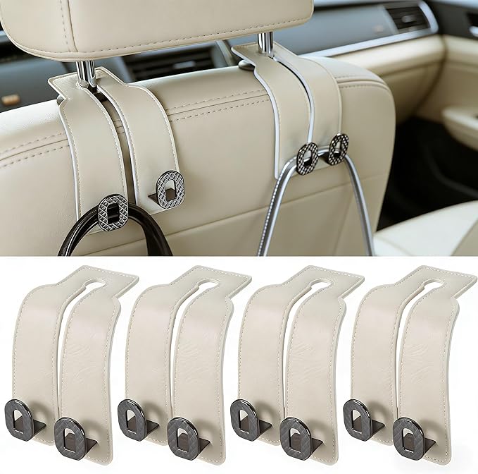 Car Headrest Hooks Universal Car Purse Hook Premium Leather and Alloy Twin Hook Car Seat Back Storage Hanger Hook for Purse Bags Cloth Drink Durable Holder Car Accessories (BH09-White-Black-4 Pcs) by GELVTIC