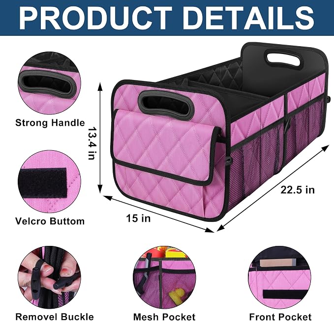 Deosk Car Trunk Organizer for SUV, Car Organizers and Storage with Reinforced Handles, Car Accessories for Women/Men 70L Waterproof Polyester Trunk Organizer(Large, Pink) - Image 5