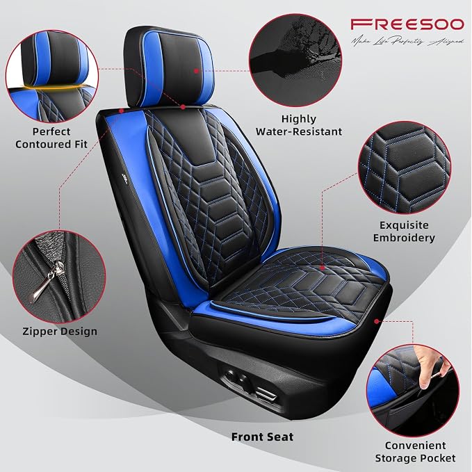 FREESOO Custom for Toyota Tundra Seat Covers 2022-2026 Crewmax Double Cab | Custom Fit, Full Set, 60/40 Split Bench, Waterproof Leather, for Truck Toyota Tundra Accessories, BlackBlue - Image 5