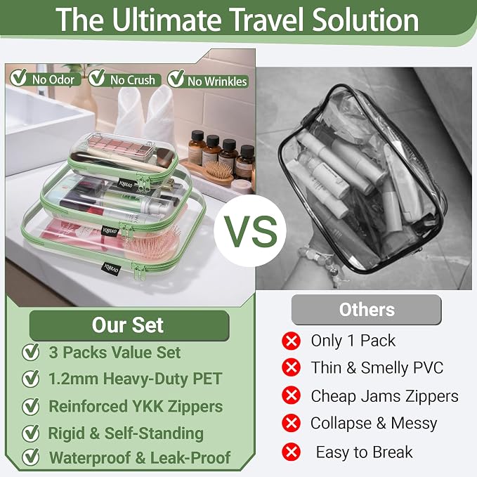 YQBRAO Clear Hard Shell Organizer Cases, 3-Pack, Green | Large, medium & small rigid PET organizers for home, travel, crafts and everyday organization - Image 2
