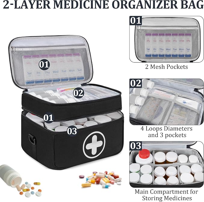 Medicine Storage Bag, 2 Layer Pill Bottle Organizer Storage Bag Empty | Lockable Medical Travel Bag with Adjustable Divider, Suitable for Pills, Vitamins, Fish Oil, Medical Supplies - Image 2