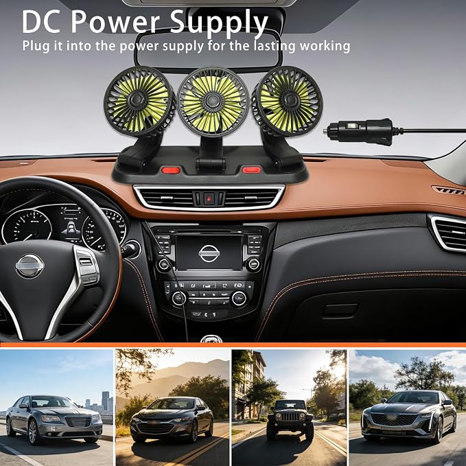Portable 3-Head Car Cooling Fan 12V-360°Rotation,2 Speeds,Dashboard Fans for Sedan/SUV/RV/Truck/Van Vehicles,Cigarette Lighter Plug (3-Head 12V) - Image 4