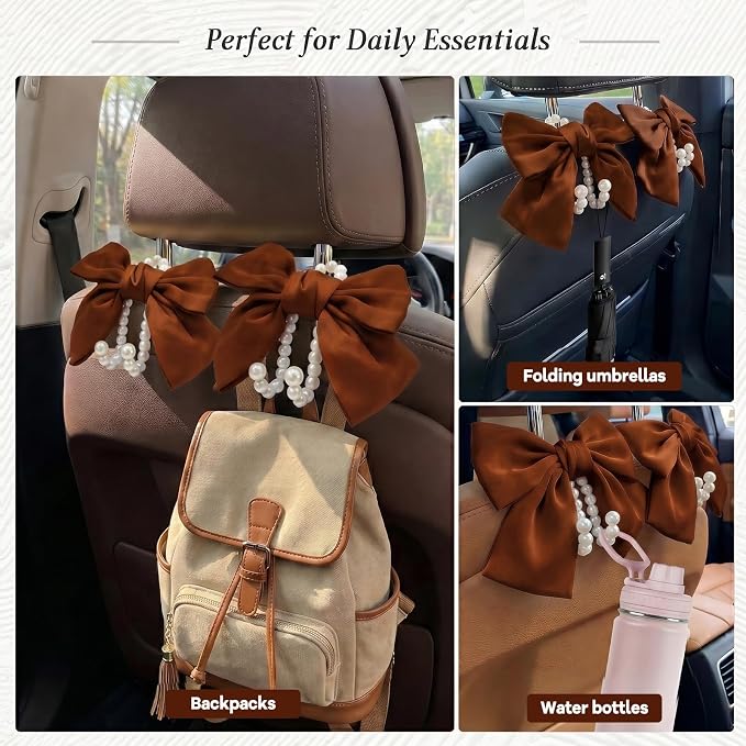 2PCS Satin Bow Pearl Car Seat Headrest Hooks – Car Bag Holder & Vehicle Hanger for Purses – Cute Coquette Aesthetic Interior Decoration – Cute Auto Organizer Accessories Universal (Woody Brown) - Image 5