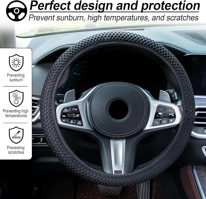 Alpmosn Elastic Stretch Steering Wheel Cover, Universal Interior Accessories Steering Wheel Cover for Women & Men, Breathable Microfiber Ice Silk, Anti-Slip, Odorless, Easy Carry(Black) - Image 5