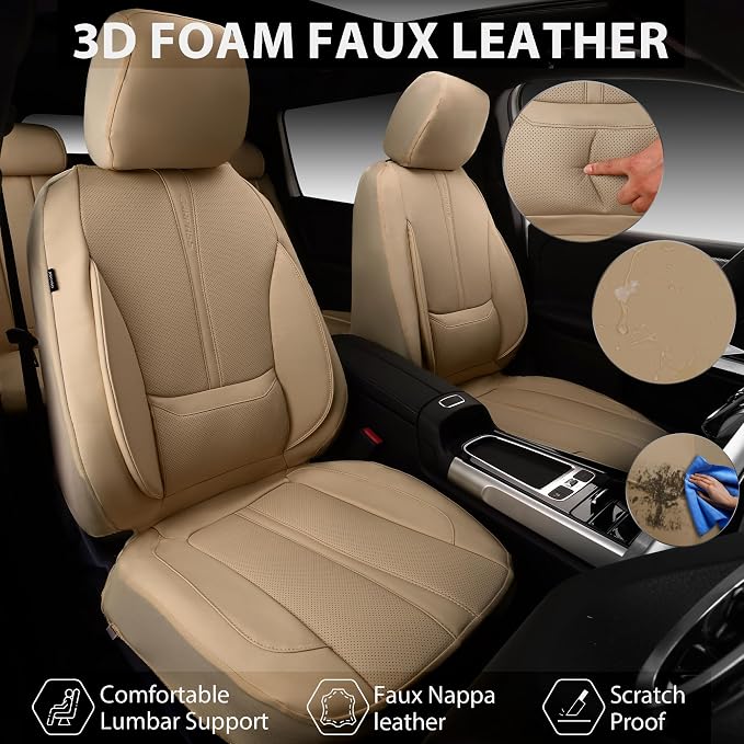 CAR PASS Nappa Leather Seat Covers Full Set, 3D Foam Faux Leather Car Seat Covers with Lumbar Support, Water Resistant Comfort & Universal Fit for Cars SUV Truck Most Vehicles, All Beige - Image 2