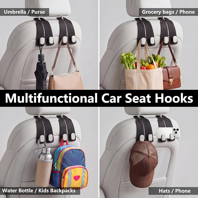 Car Seat Headrest Hooks for Purses & Shopping Bags, 2 Pack Suede Car Purse Hook, Double Hooks Secure Bags While Driving, Elegant & Durable, Simple to Install, Fits Handbags, Grocery Bags, Bottles. - Image 4