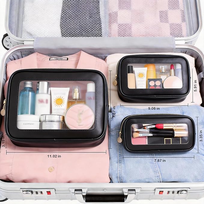 3-Piece Travel Clear Makeup Bag Set, Small Large Clear Cosemetic Bag with Makeup Brush Bag Waterproof Makeup Pouch with Zipper Toiletry Bags For Traveling Car Accessories for Women (Black Set) - Image 7