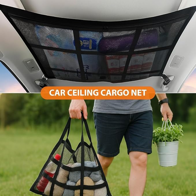 Dog Car Net Barrier,Universal Fit Sturdy Double-Layer Mesh 31.5"x23.6" Car Ceiling Cargo Net Pocket with Flexible Bungee Cords for Seat Movement Easy to Install - Image 7