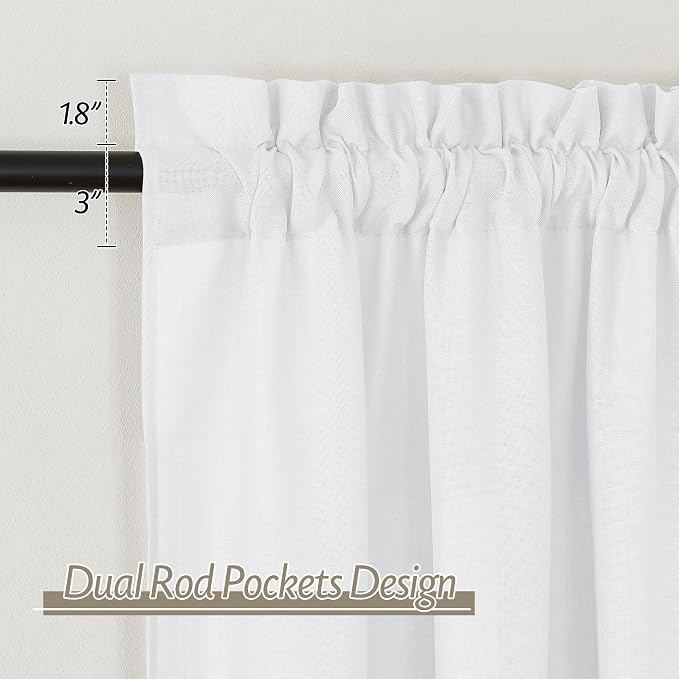 RYB HOME Linen Sheer Curtains 2 Panels for Living Room, Semi Transparent Privacy Drapes with Rod Pocket Farmhouse Style Window Treatments for Bedroom, White, 52" W x 95" L - Image 2