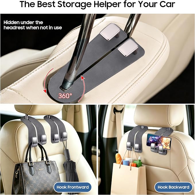 Amooca Car Headrest Hooks 2-Pack Suede Seat Organizer with Metal Core | Universal Fit, Double-hook Design, Backseat Storage for Backpack Umbrella Water Bottle Coat Purses Handbags Groceries, Gray - Image 6