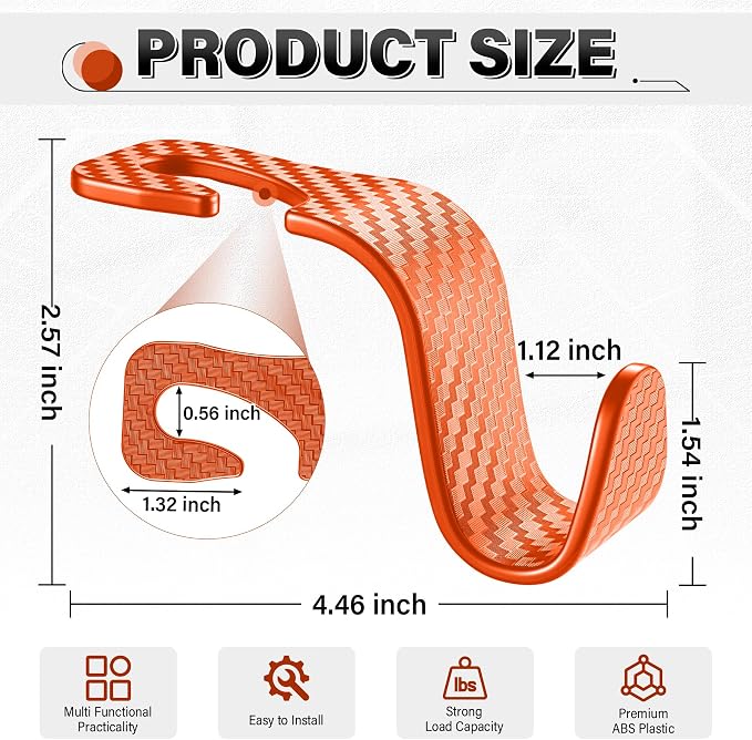 SINGARO Universal 4 Pack Car Seat Headrest Purse Hook, Carbon Fiber Back Seat Hook Storage Organizer Hanger for Purse Handbag Coat, Car Interior Accessories(Orange) - Image 2
