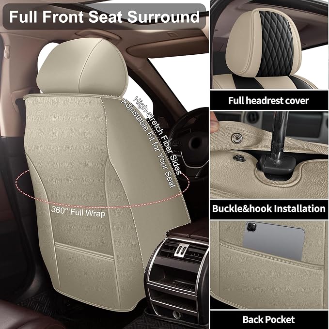 IKABEVEM Car Seat Covers Fit for Acura RLX 2014-2017 | Waterproof Leather, Airbag Compatible, Easy Install & Wipe Car Seat Protector,2 Front Seats Covers Fit for RLX, Beige&Black - Image 3