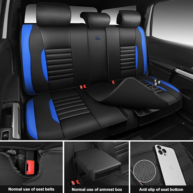 CAR PASS Nappa Leather Car Seat Covers Full Set, Luxury Seat Protector for Cars, Waterproof Anti-Slip Seat Cushion Armrest Compatible Airbag Universal for Sedan SUV Pick-up Truck Auto, Black Blue - Image 4