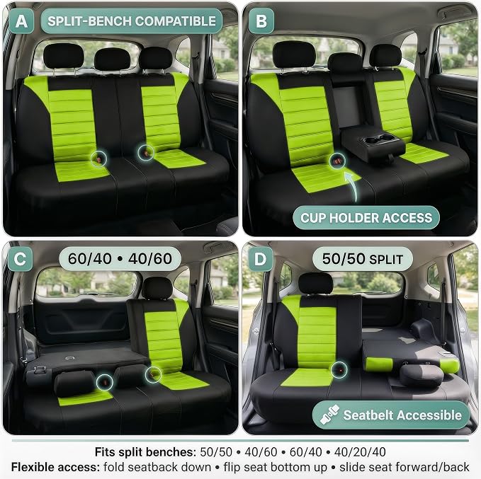 FH Group Automotive Car Seat Covers Rear Set Premium 3D Air Mesh Seat Covers, Airbag Compatible and Split Bench Cover Universal Fit Interior Accessories for Cars Trucks and SUVs - Green - Image 2