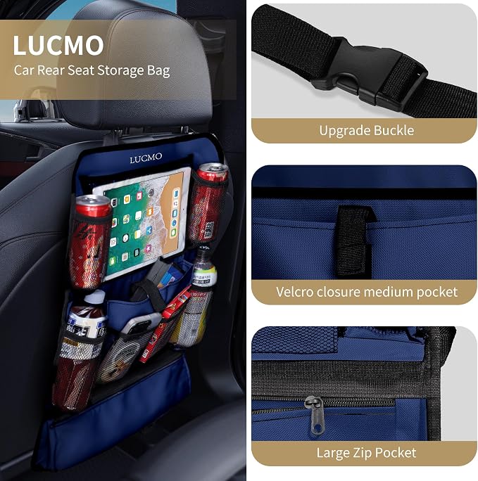 LUCMO Car Backseat Organizer with Touch Screen Tablet Holder,Dark Blue | 2 Pcs,9 Storage Pockets,Clear Tablet Holder,Protectors Kick Mats,Travel Accessories,Seat Cover,Road Trip Essentials - Image 2