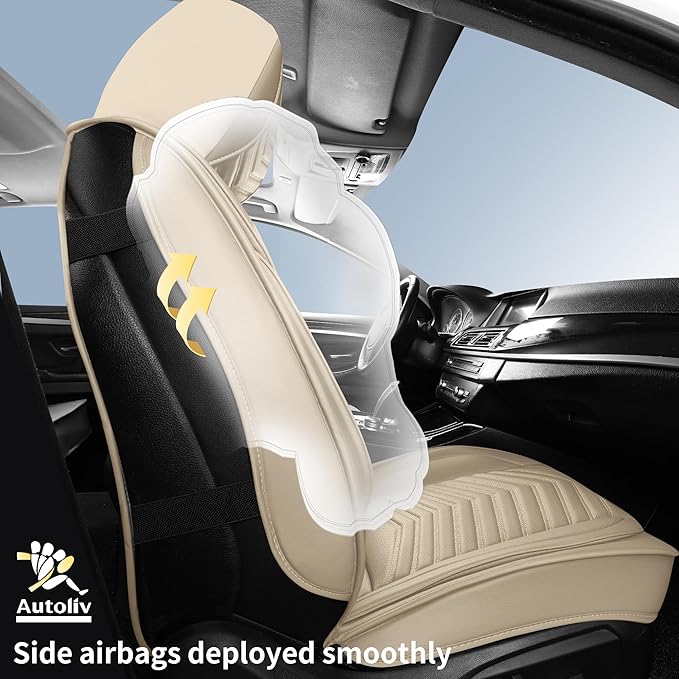 HChengkikz Nappa Leather Car Seat Covers Front Seats, Beige Car seat Protector, Waterproof Car Seat Cushion, Universal Automotive Seat Covers Fit for SUV Truck Pick-up Sedan and Most Cars | Easy Maintenance, Airbag Compatible, Universal Fit For Most SU... - Image 3