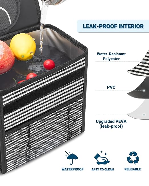 Capolo Car Trash Can with Lid, Leakproof Car Garbage Can Car Trash Bag | Waterproof, Trash Can for Car, 3 Mesh Pockets, Mini Hanging Vehicle Car Trash Bin, for Back/Front Seat (Stripe,2.5 Gal) - Image 4