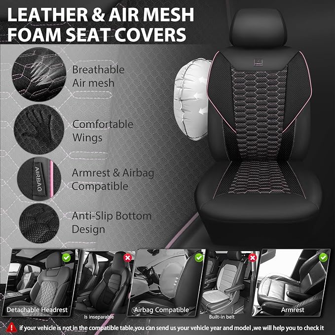 CAR PASS 3D Foam Mesh Leather Car Seat Covers Front Seats,Breathable Mesh Front Seat Covers for Women,Universal Fit for Cars SUV Truck Sedan Van Automotive, Armrest Airbag Compatible,Black and Pink - Image 3
