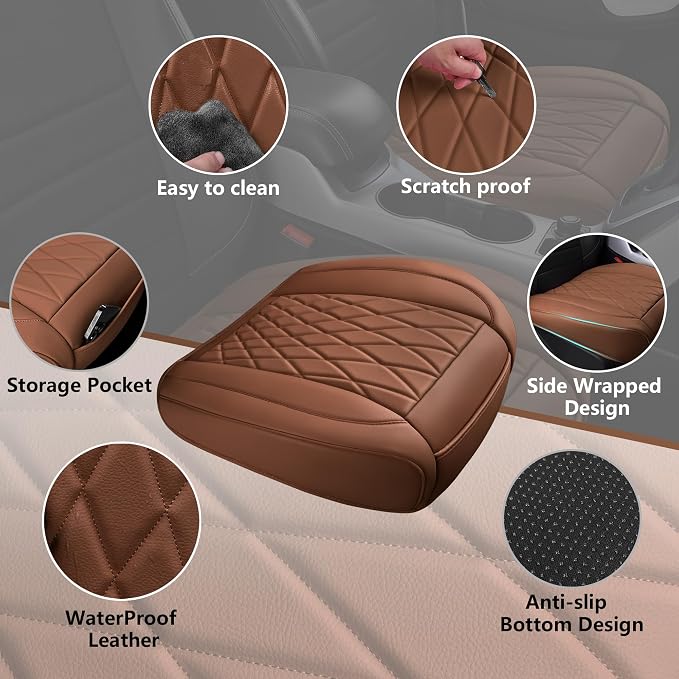 CAR PASS 2 Pack Leather Front Car Seat Covers, Bottom Seat Covers Full Wrapped with Storage Pocket, Anti-Slip Leather Seat Protectors,Waterproof Seat Cushion Pad Universal Fit Sedan SUV Truck, Brown - Image 3