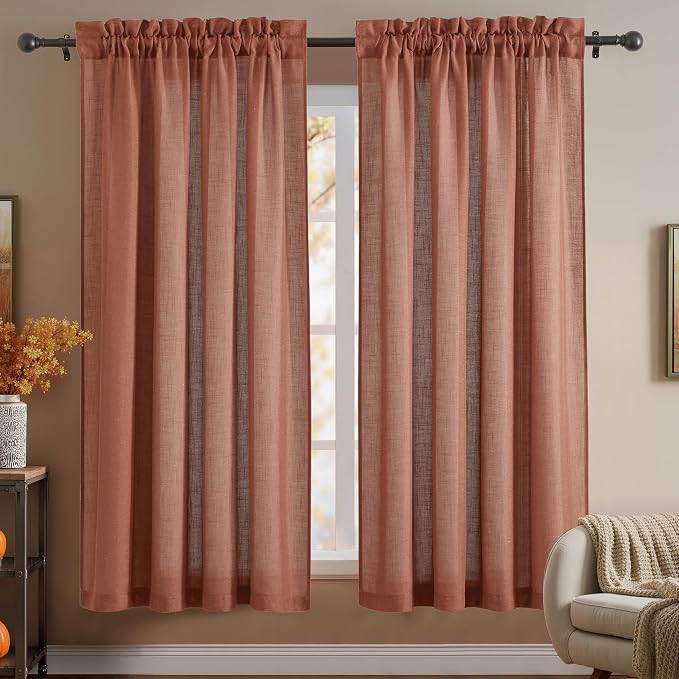 RYB HOME Linen Semi Sheer Curtains 72 inches Long for Living Room | Half Privacy, Light Filtering, Window Curtains & Drapes, Terracotta, W52 x L72, 2 Panels by RYBHOME