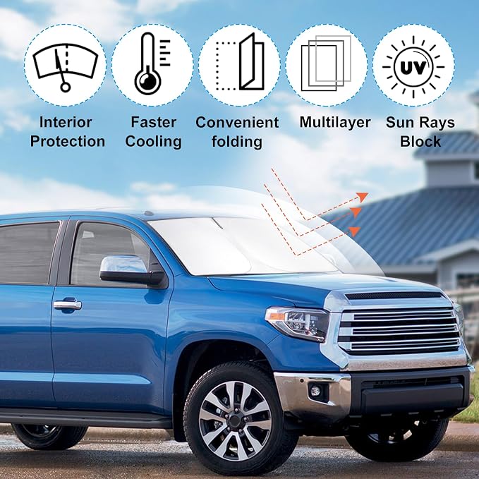 Windshield Sun Shade for 2007-2026 Toyota Tundra Accessories | Full covered for windshield, Foldable & Durable, Block UV Rays, Reduce Heat, Easy to install, Keep Car Cooler - Image 2