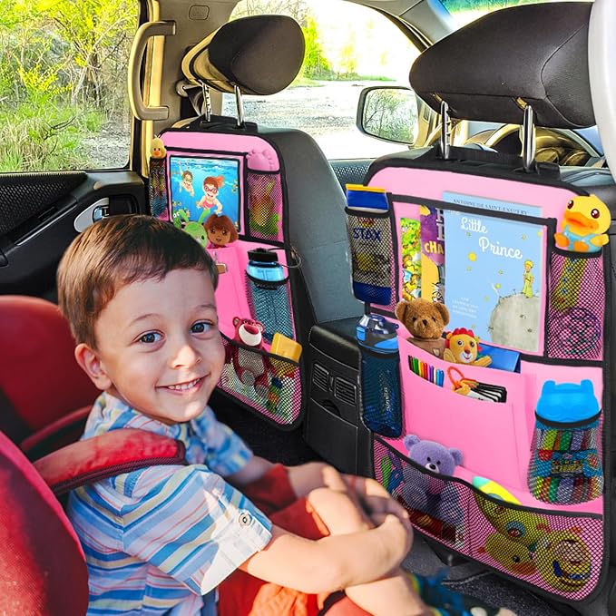 Backseat Car Organizer w/ 10 Storage Pockets, 11" Tablet Holder, 2 PCS Pink | Car Organizers and Storage Kick Mats Back Seat Protector w/ Touch Screen Tablet Holder for Kids Toddlers, Travel Accessories - Image 7