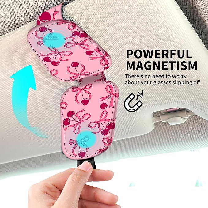 Leather Magnetic Sunglass Holder for Car Sun Visor, Cute Eyeglass Ticket Card Hanger Clip, Universal Auto Interior Accessories for SUV Pickup Truck Pink Bow - Image 3