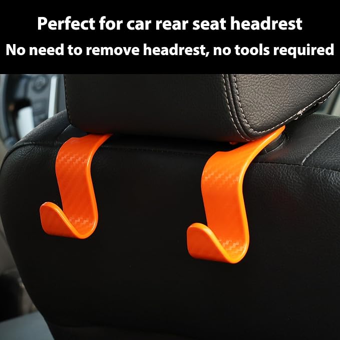 Car Seat Hooks 4 Pack - 55lb Heavy Duty Headrest Hanger, Orange | Universal fit for most cars SUVs,Hang purses handbags coats umbrellas grocery bags,ABS plastic,Easy Installation - Image 3