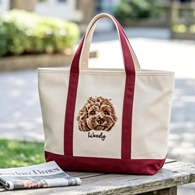 Personalized Custom Embroidered Pet Portrait Tote Bag - Dog Cat Mom Gift with Name, Large Canvas Shoulder Tote for Women, Reusable Shopping & Daily Use Tote Bag - Image 3